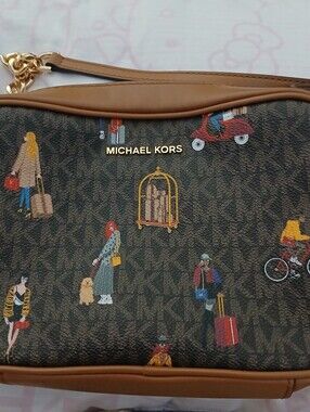 Michael Kors Brown Monogram Travel Print Shoulder Bag